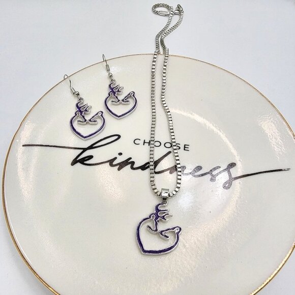 3/$20 Womens Necklace Drop Earrings Set Silver Plated Deer Pendant Purple Farm - Picture 8 of 10